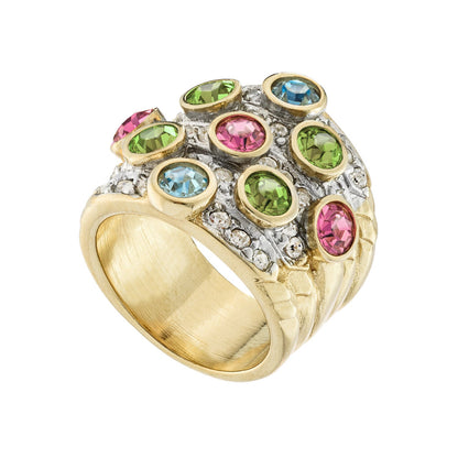 Vintage Pave Pastel Multi Color Crystals and Clear Austrian Crystal Ring 18k Yellow Gold Electroplated Made in USA