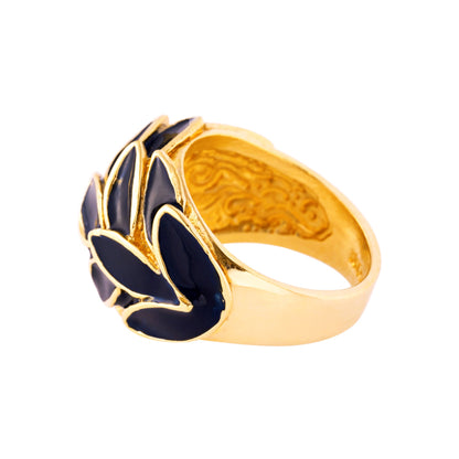 Vintage 1970s Deep Blue Enamel Leaf Motif 18k Gold Electroplated Ring Made in USA #R1933