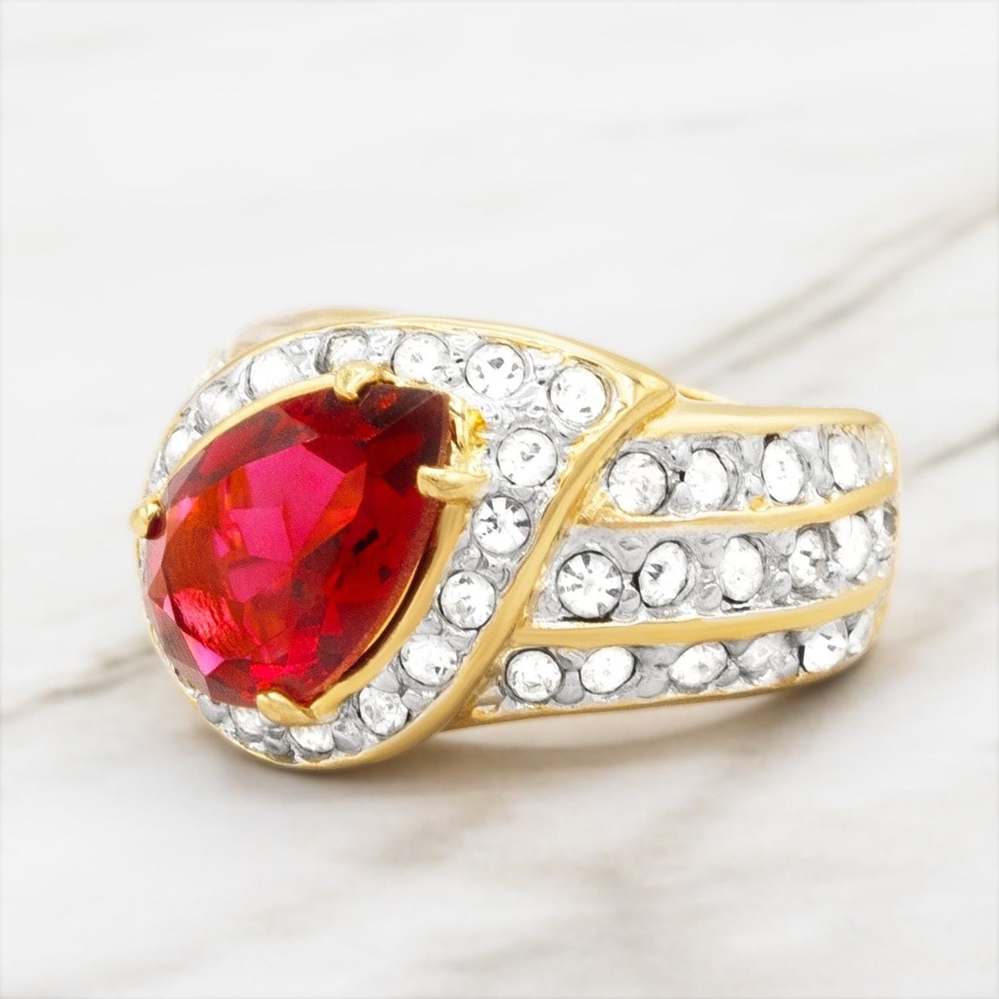 Vintage Ring 1980s Ring Ruby and Clear Austrian Crystals 18k Gold Electroplated Womens Statement Ring