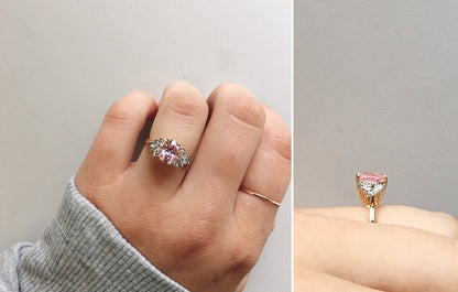 Vintage 1980's Pink Cubic Zirconia Ring with Clear Austrian Crystals 18k Yellow Gold Electroplated