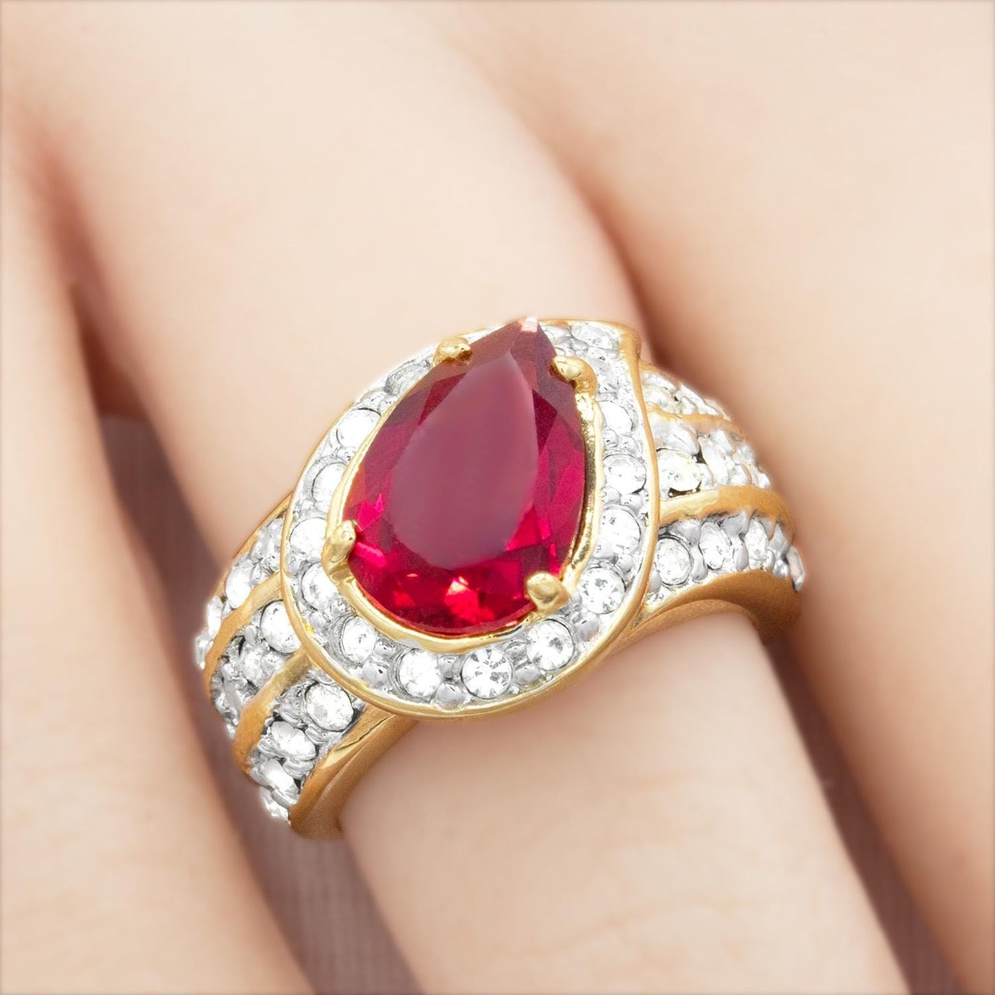 Vintage Ring 1980s Ring Ruby and Clear Austrian Crystals 18k Gold Electroplated Womens Statement Ring