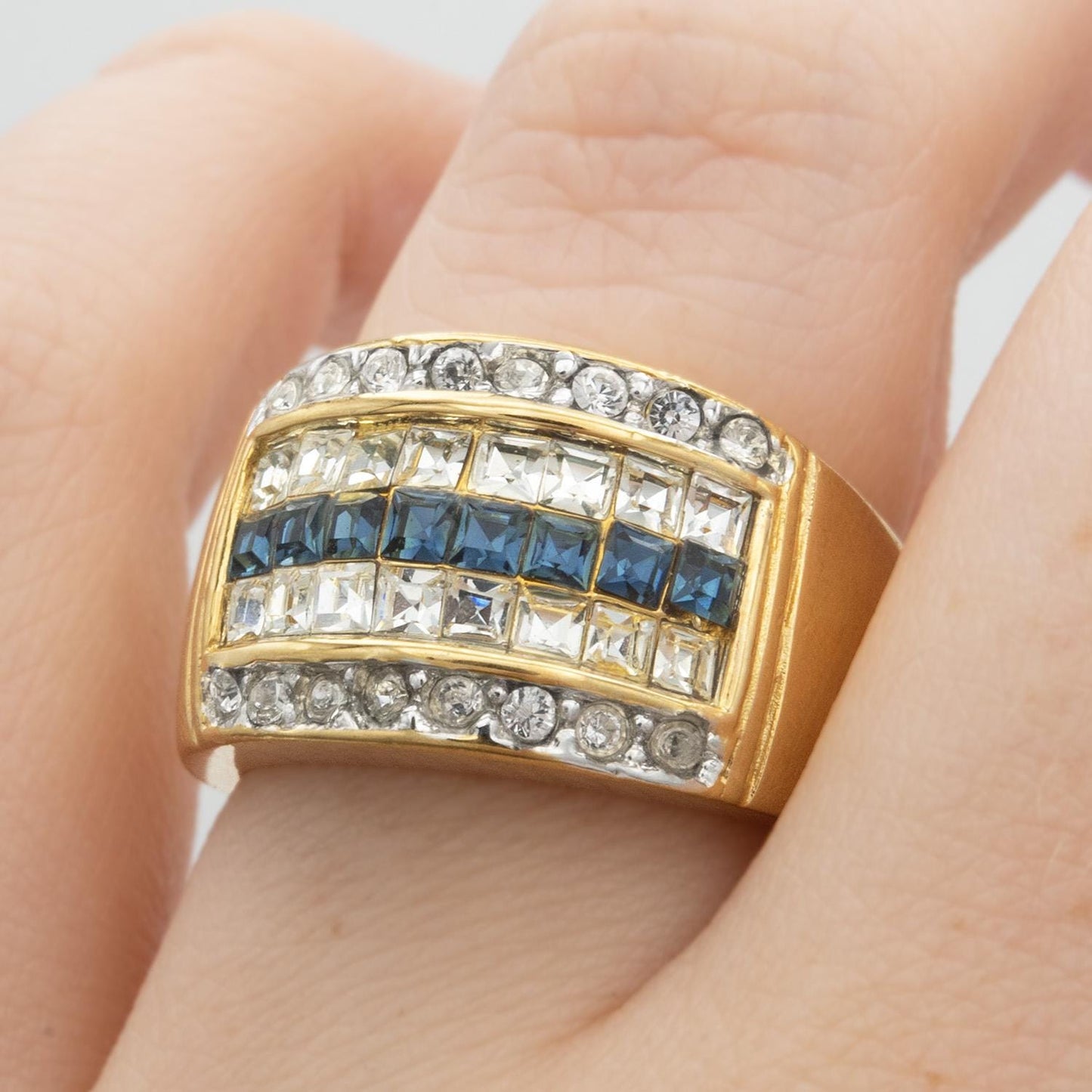 Vintage Sapphire Austrian Crystal Ring: 18k Gold Electroplated Band, September Birthstone