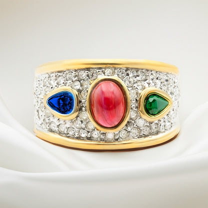 Vintage Ring Multi Colored Austrian Crystals 18k Gold Electroplated 1970s Era