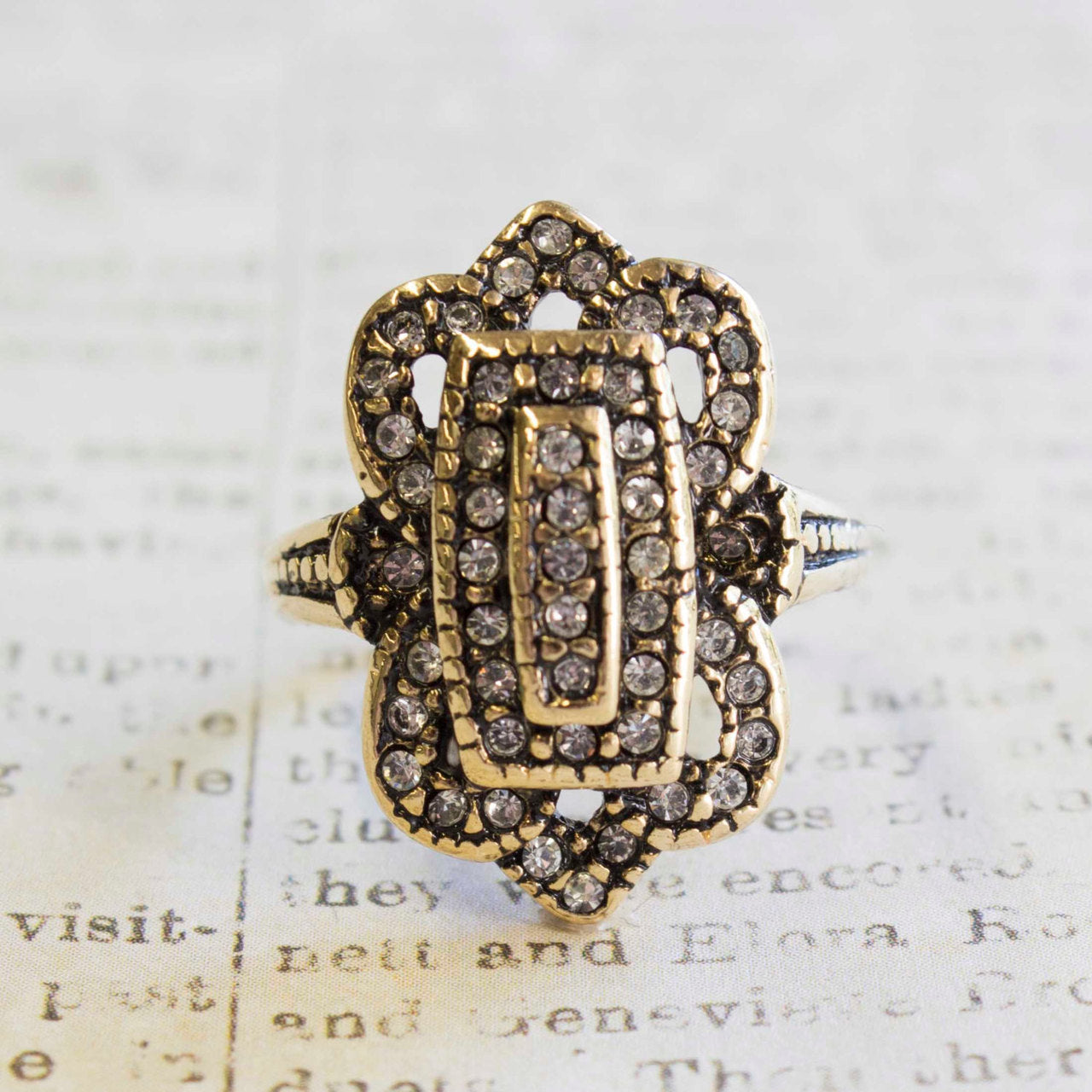 Vintage Antiqued 18k Yellow Gold Electroplated Ring with Clear Austrian Crystals Made in USA