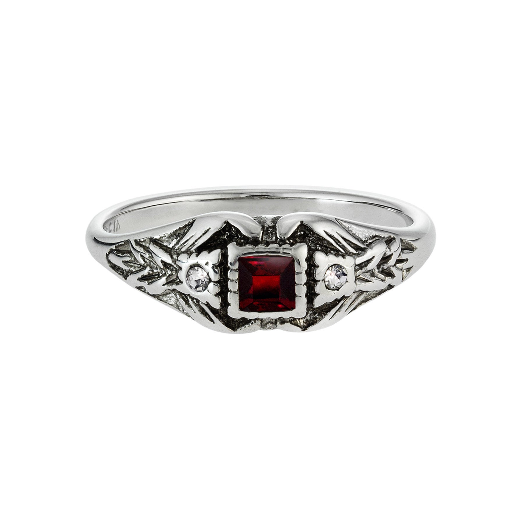 Vintage 1980's Ring Ruby and Clear Austrian Crystal 18k Antique White Gold Electroplated Made in the USA