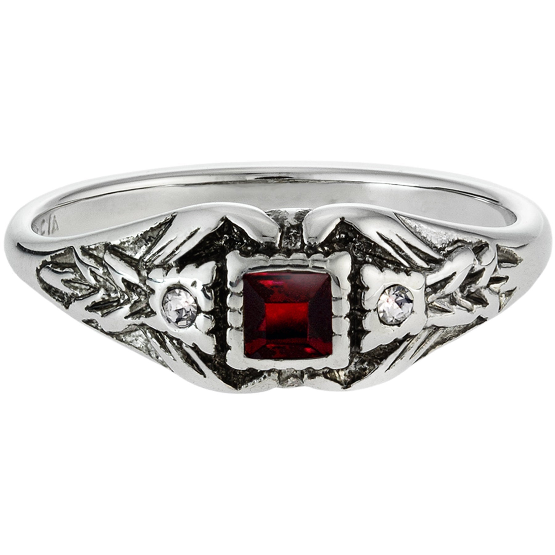 Vintage 1980's Ring Ruby and Clear Austrian Crystal 18k Antique White Gold Electroplated Made in the USA