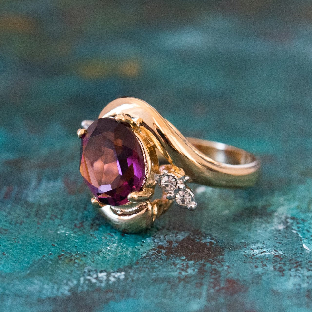 Vintage Ring Amethyst and Clear Austrian Crystals 18kt Yellow Gold Electroplated Made in USA