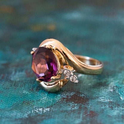 Vintage Ring Amethyst and Clear Austrian Crystals 18kt Yellow Gold Electroplated Made in USA