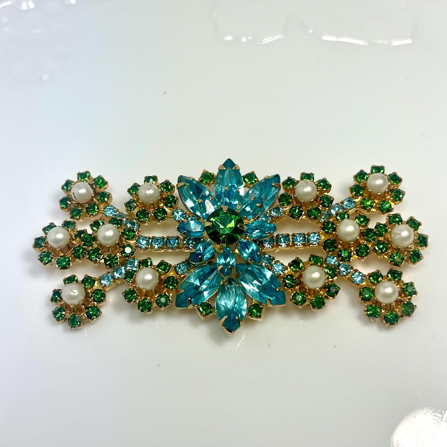 Unique Vintage Bracelet and Pin Brooch Set Pearl Beads and Crystal Stones 1950s Gold Plated Women's Mid Century Jewelry Only ONE