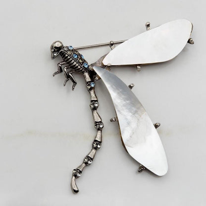Vintage Oscar de la Renta Mother of Pearl Dragonfly Brooch Antiqued White Gold Pin with Mother of Pearl Wings