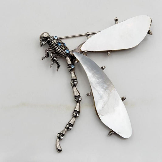 Vintage Oscar de la Renta Mother of Pearl Dragonfly Brooch Antiqued White Gold Pin with Mother of Pearl Wings