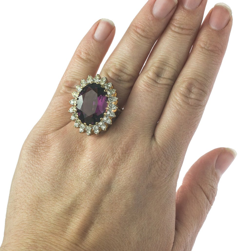 Vintage Amethyst and Clear Austrian Crystal Cocktail Ring 18k Yellow Gold Electroplated Made in USA