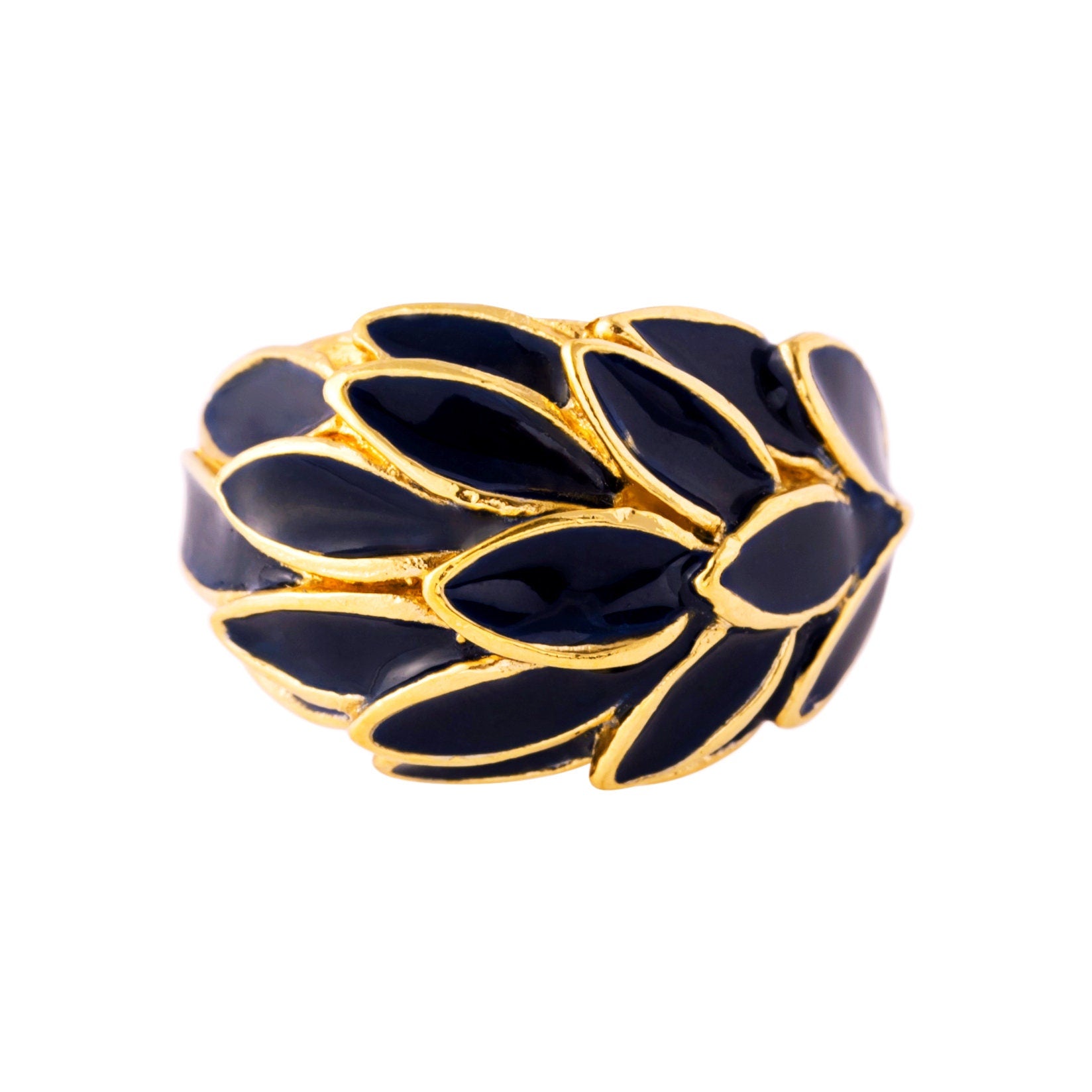 Vintage 1970s Deep Blue Enamel Leaf Motif 18k Gold Electroplated Ring Made in USA #R1933