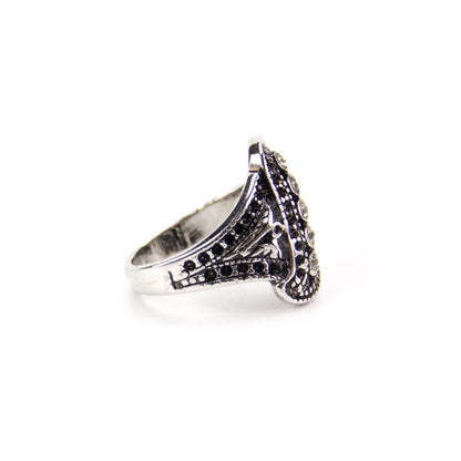 Vintage 1970's Antiqued 18k White Gold Electroplated Filigree Ring set with Austrian Crystals