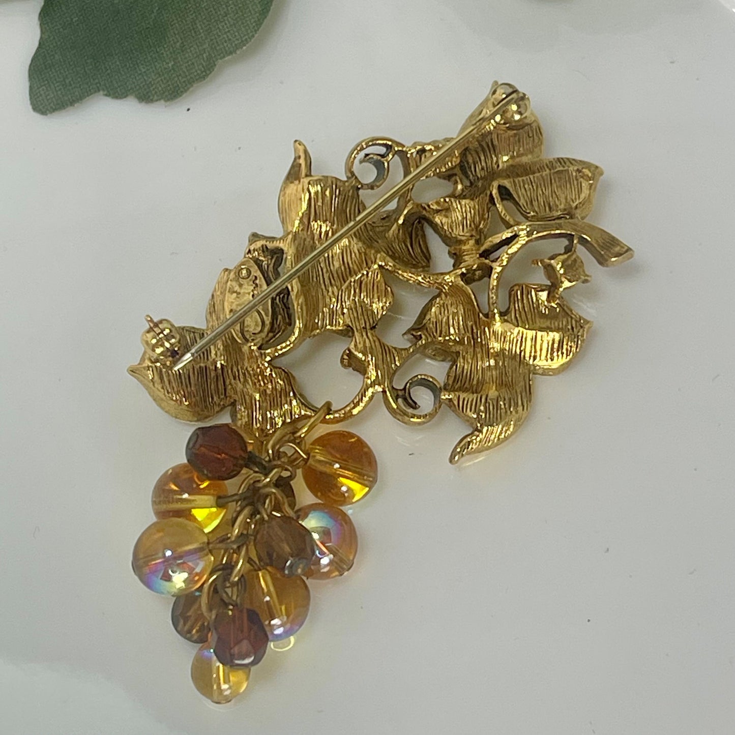 Oscar de la Renta Vintage Pin Antique Designer Gold Brooch for Women Ornate Grape Vine with Iridescent Glass Beads ONLY 2! VERY RARE