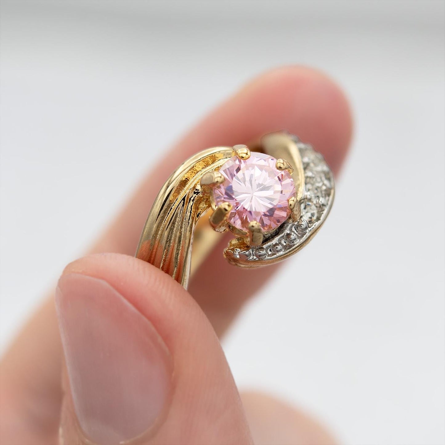 Vintage 18k Gold Electroplated Ring Pink Tourmaline Cubic Zirconia and Crystals Antique Woman Rings October Birhtstone