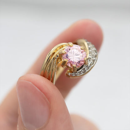 Vintage 18k Gold Electroplated Ring Pink Tourmaline Cubic Zirconia and Crystals Antique Woman Rings October Birhtstone
