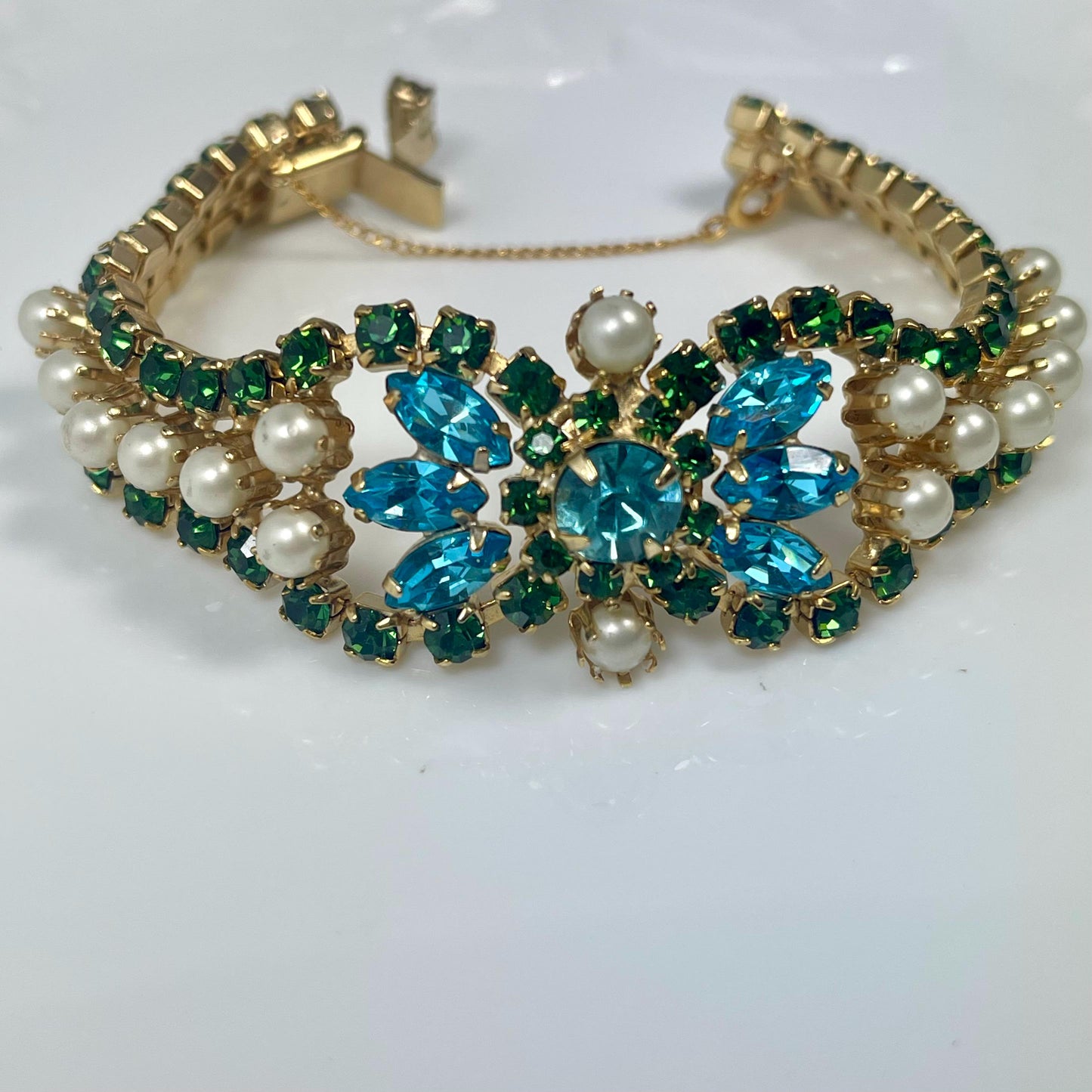 Unique Vintage Bracelet and Pin Brooch Set Pearl Beads and Crystal Stones 1950s Gold Plated Women's Mid Century Jewelry Only ONE