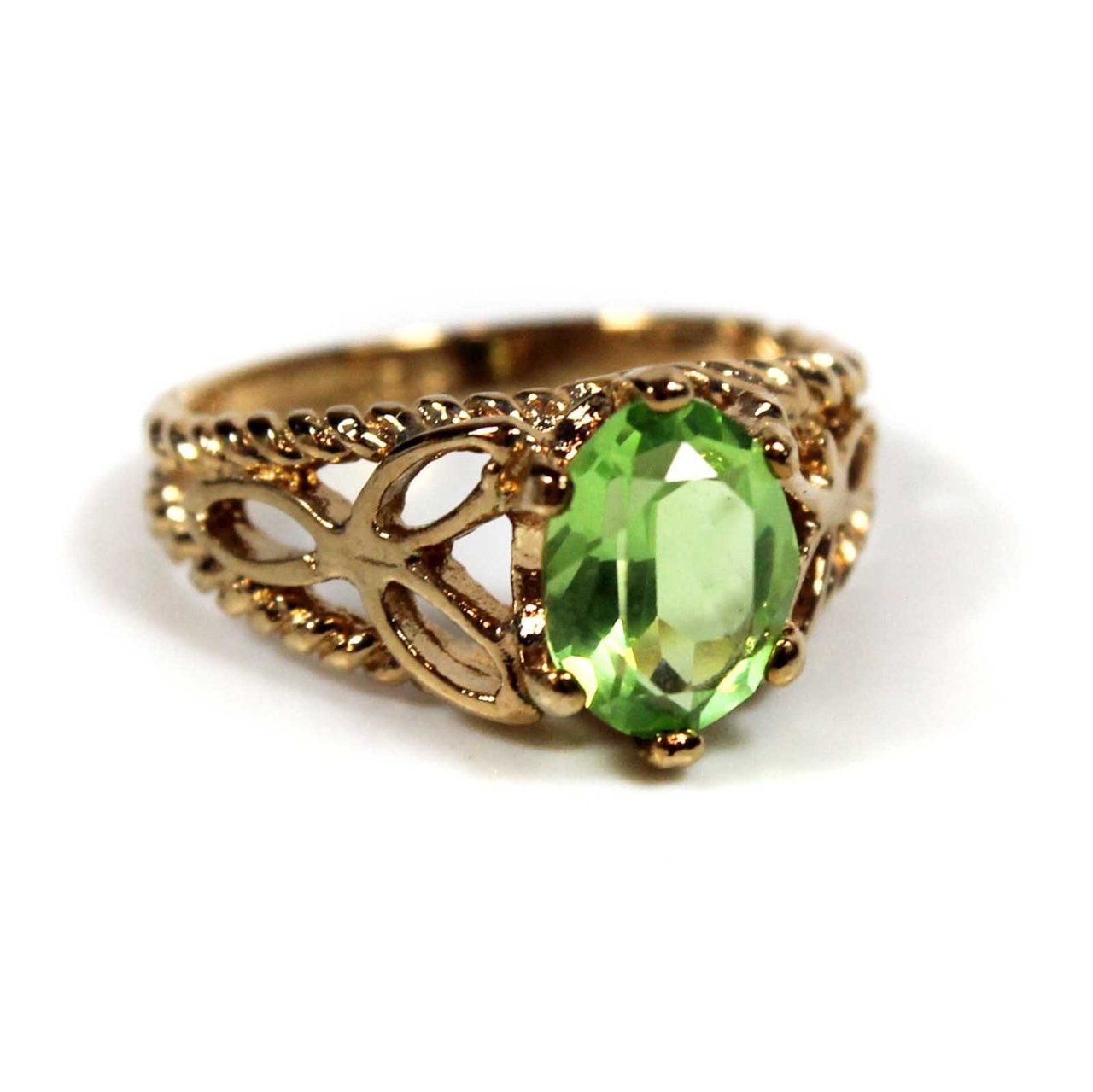 Vintage Peridot Austrian Crystal 18k Gold Electroplated Filigree Cocktail Ring Made in USA