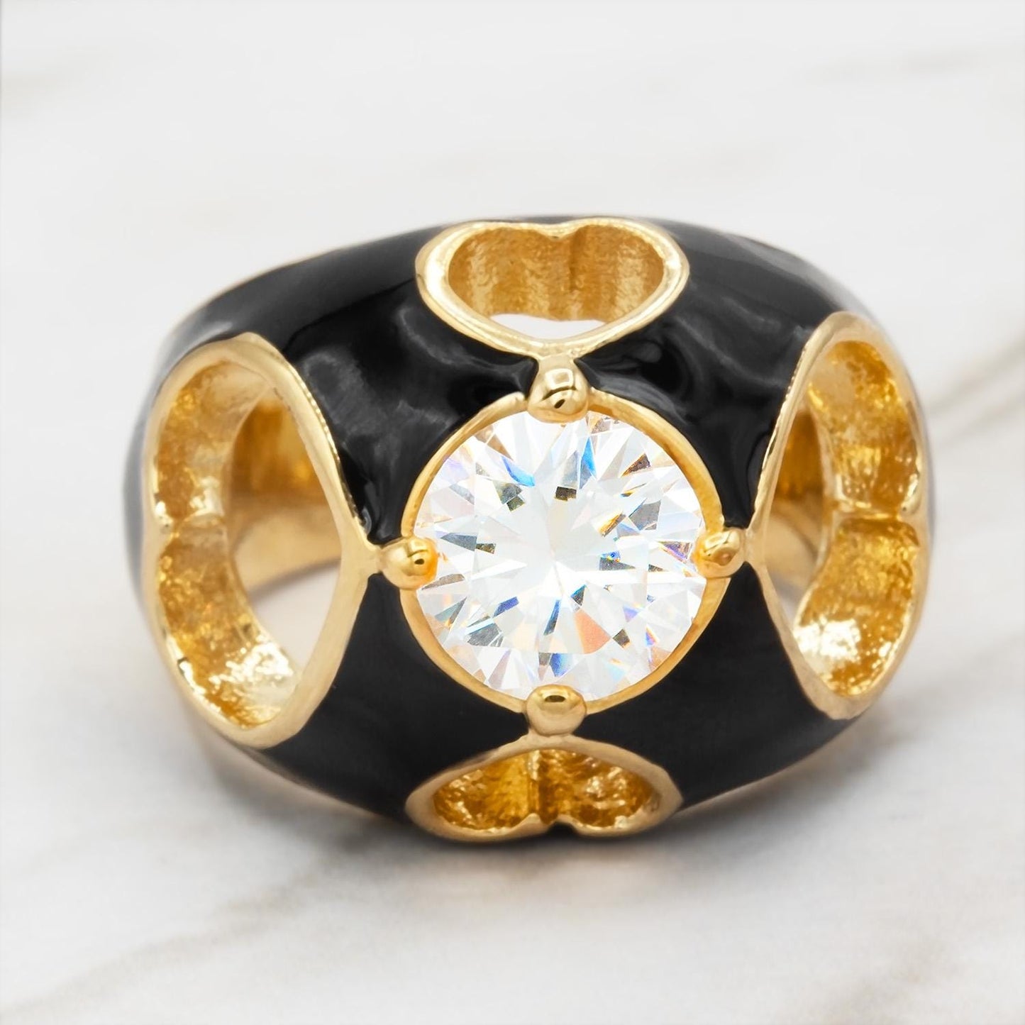 Unique and fun Vintage Ring 1980s Black Enamel Ring with 1 ct Cubic Zirconia Heart Cutouts Antique 18k Gold Electroplated Dome Womens Ring