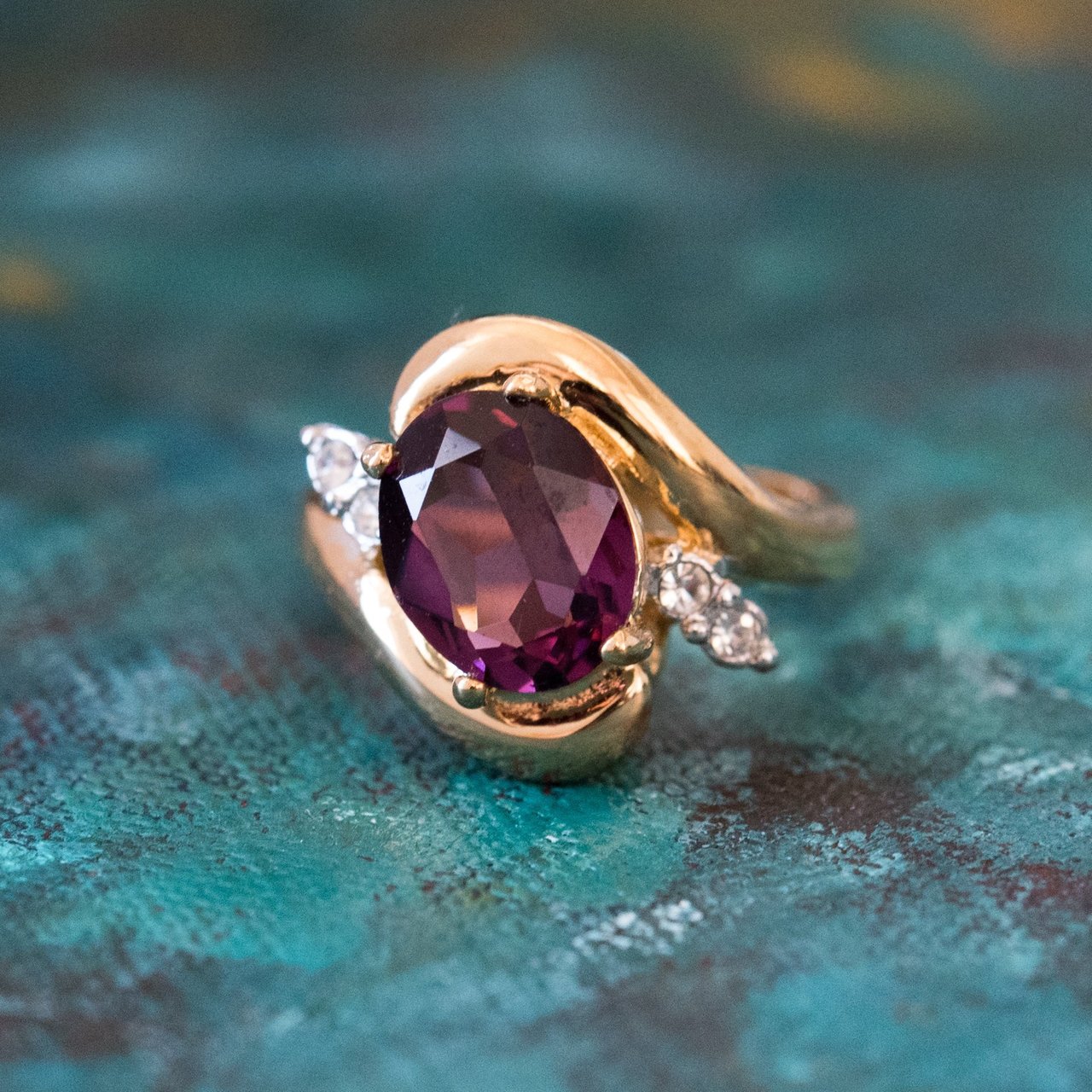 Vintage Ring Amethyst and Clear Austrian Crystals 18kt Yellow Gold Electroplated Made in USA