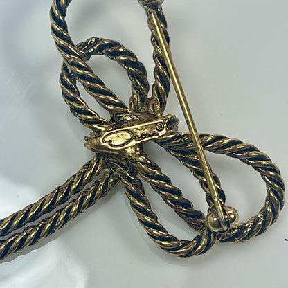 Oscar de la Renta Vintage Brooch Pin Twisted Rope Bow with Pearls Antiqued Yellow Gold Plated Women's Designer Lapel Pin