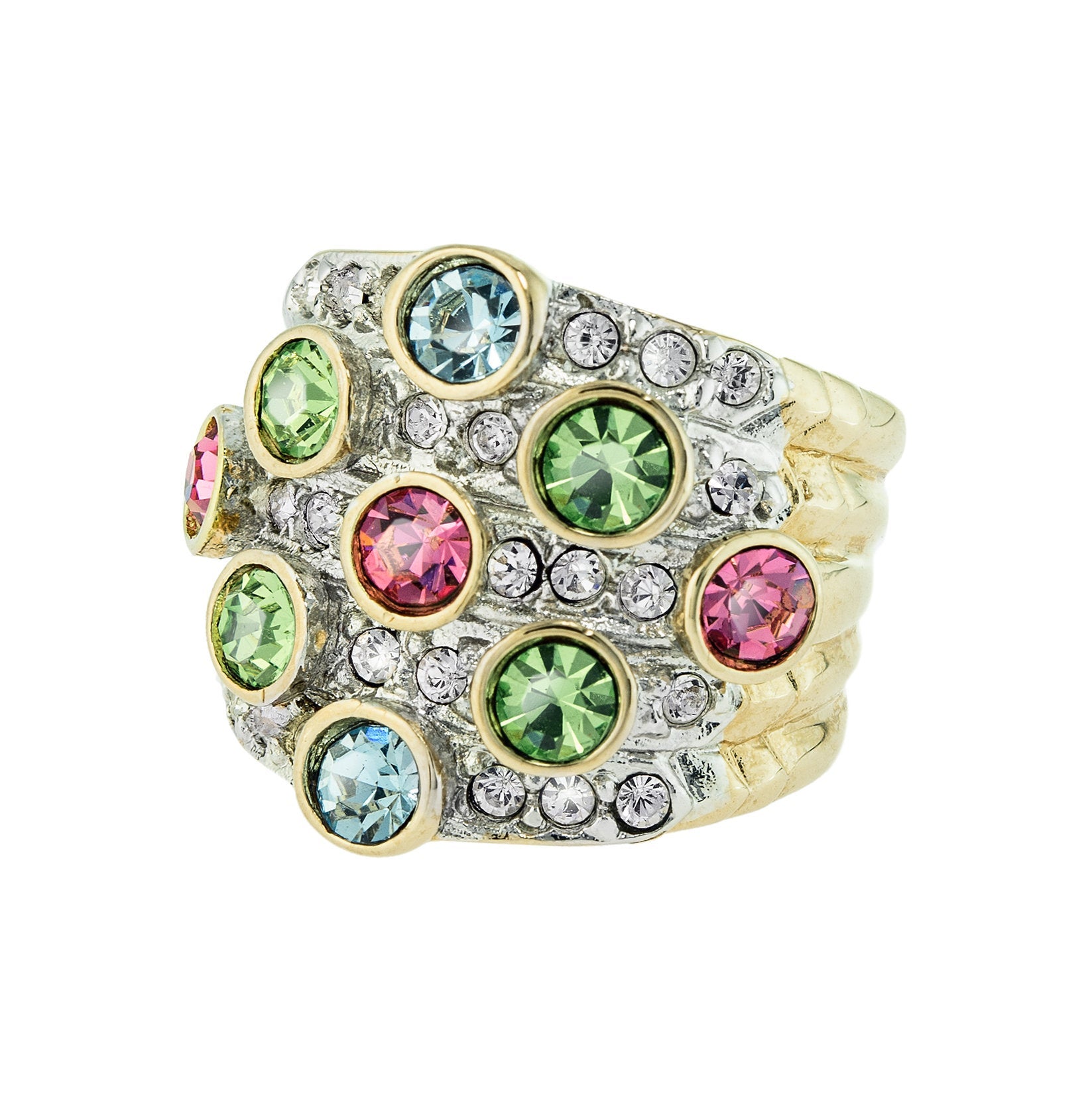Vintage Pave Pastel Multi Color Crystals and Clear Austrian Crystal Ring 18k Yellow Gold Electroplated Made in USA