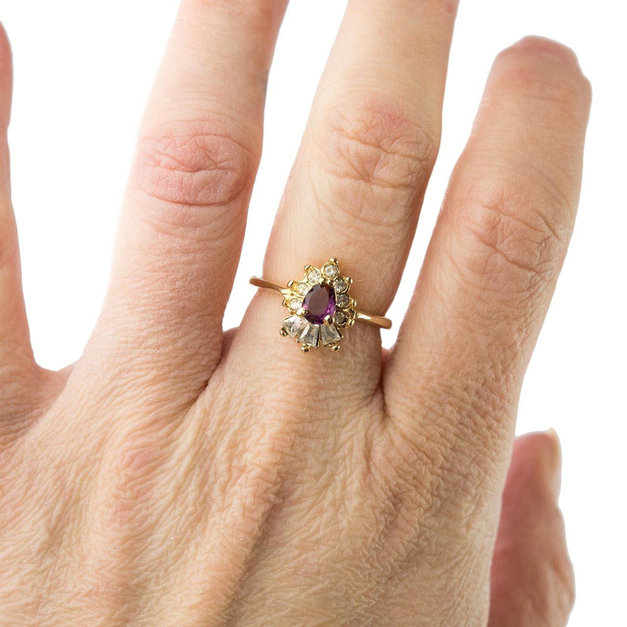 Vintage 1990's Amethyst and Clear Austrian Crystals 18k Yellow Gold Plated Ring Made in USA