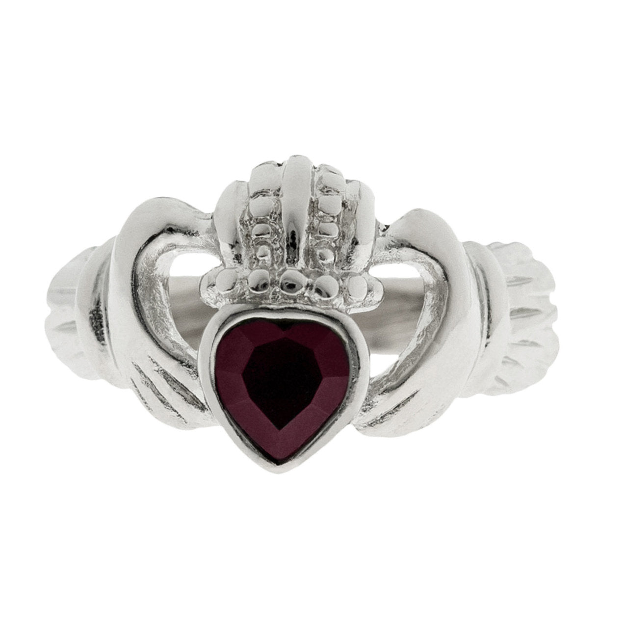 Vintage Jewelry Garnet Austrian Crystal Claddagh Ring 18k White Gold Electroplated Made in the USA