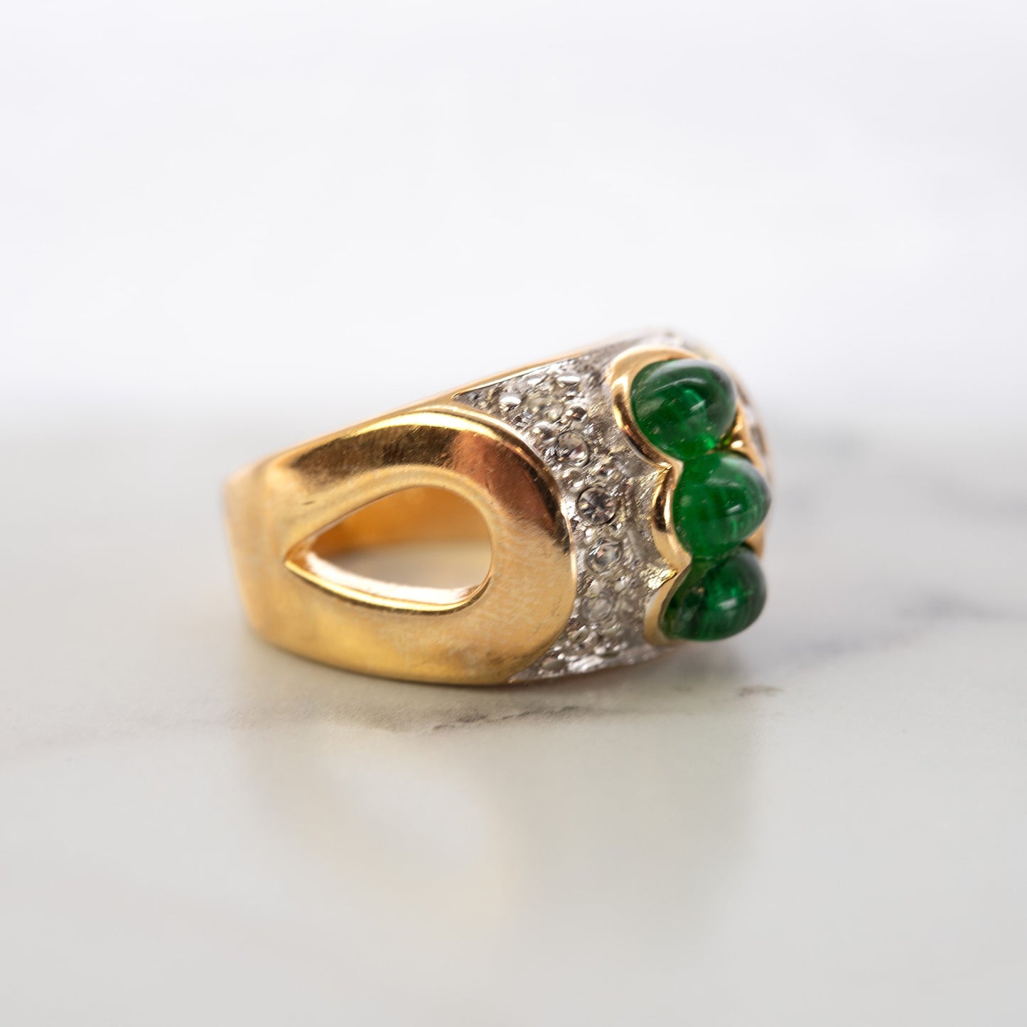 Vintage Ring Green Cabochon and Clear Crystal Ring 18k Gold Electroplated Ring