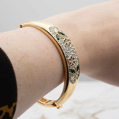 Vintage Womens Gold Plated Crystal Flower Design Bangle Bracelet Antique Estate Handmade Jewelry for Girls Layering Bracelets