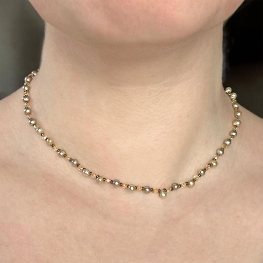 Vintage Oscar De La Renta 16 Inch MINI Genuine Fresh Water Pearl Necklace Faceted Glass Beads Antique Gold Jewelry for Women Girl Antique