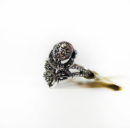 Vintage Genuine Marcasite Pave Rose Ring Antiqued Rhodium Plated Made in USA