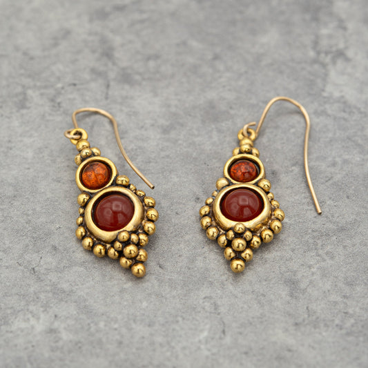 Vintage Oscar De La Renta Antiqued Gold Tone Dangling Earrings with Carnelian Cabochon Stones #OSE-1523