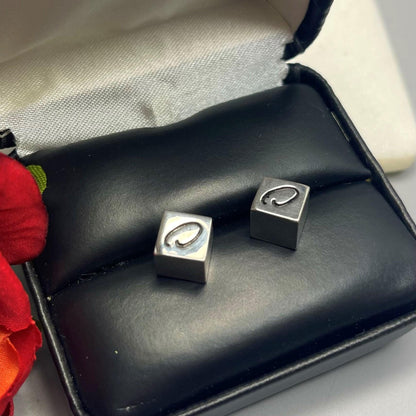 Vintage Oscar De La Renta Box Post with O Logo White Gold Plated Post Earrings Handmade Designer Jewelry