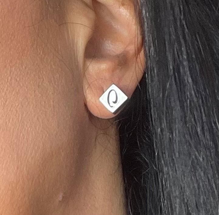 Vintage Oscar De La Renta Box Post with O Logo White Gold Plated Post Earrings Handmade Designer Jewelry