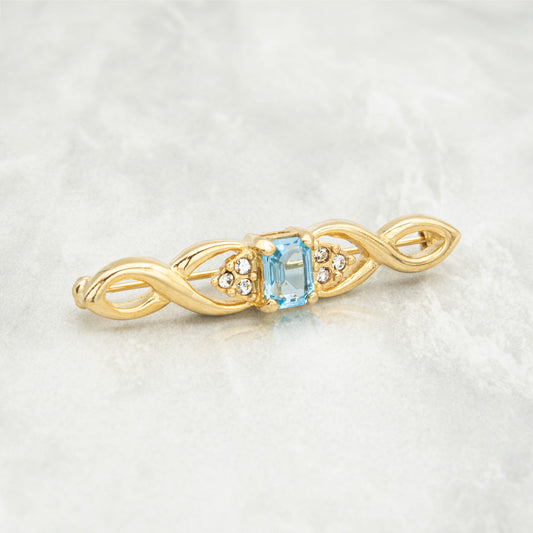 Vintage Brooch Pin Aquamarine, 18kt Gold Electroplated Antique Womans Jewelry P996-AYG