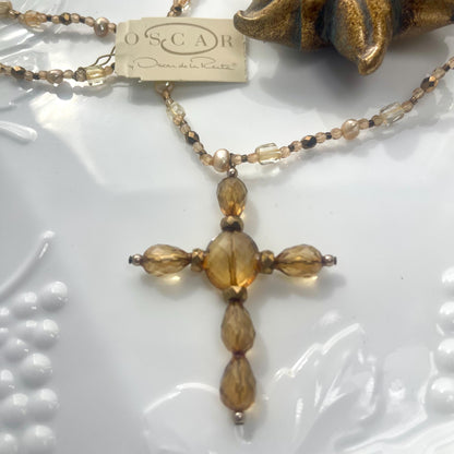 Vintage Oscar de la Renta Amber Bead Cross and Freshwater Pearl Cross Necklace
