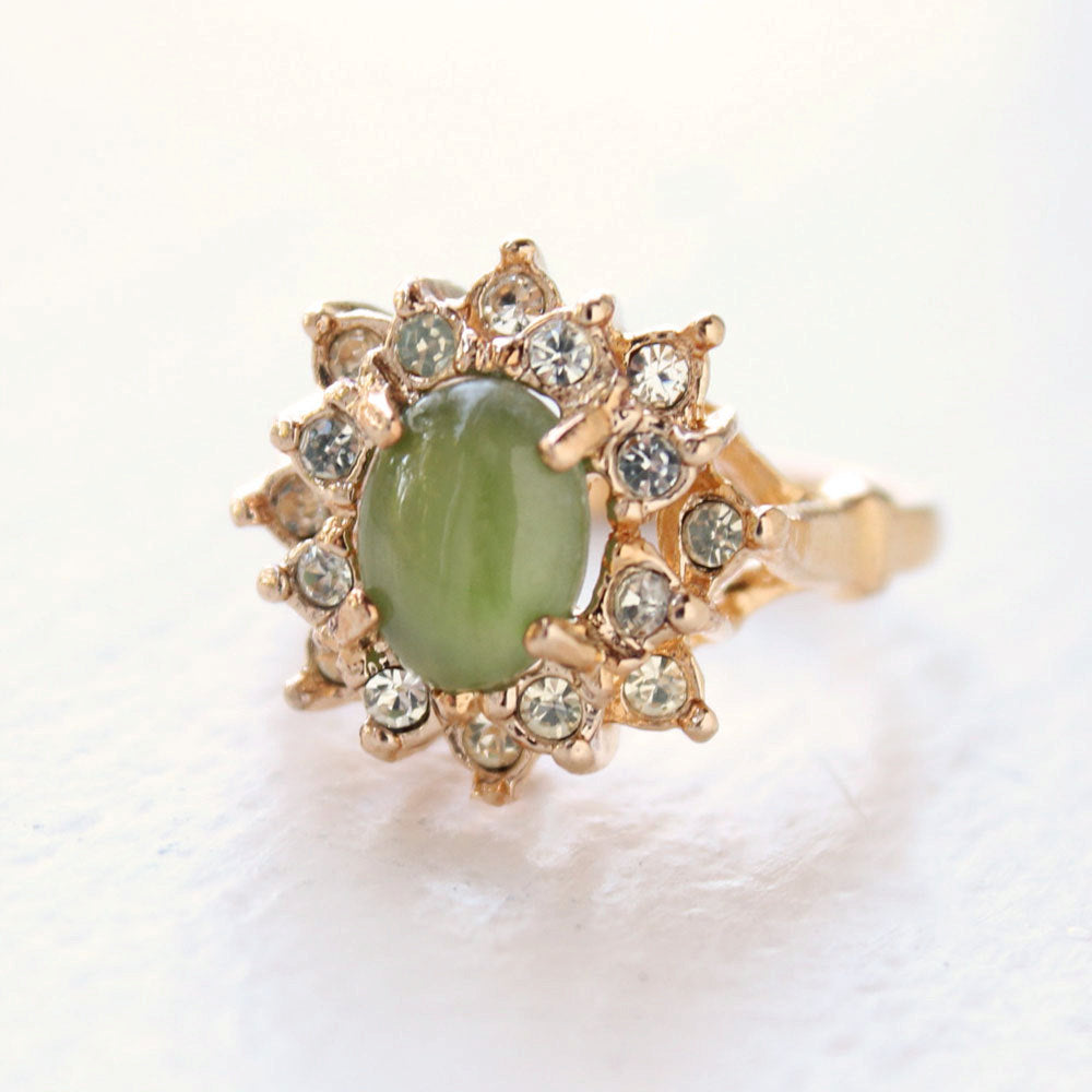 Vintage Ring Genuine Jade surrounded with Austrian Crystals 18k Yellow Gold Electroplated