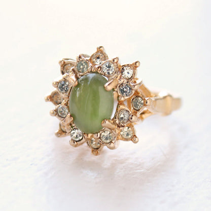 Vintage Ring Genuine Jade surrounded with Austrian Crystals 18k Yellow Gold Electroplated