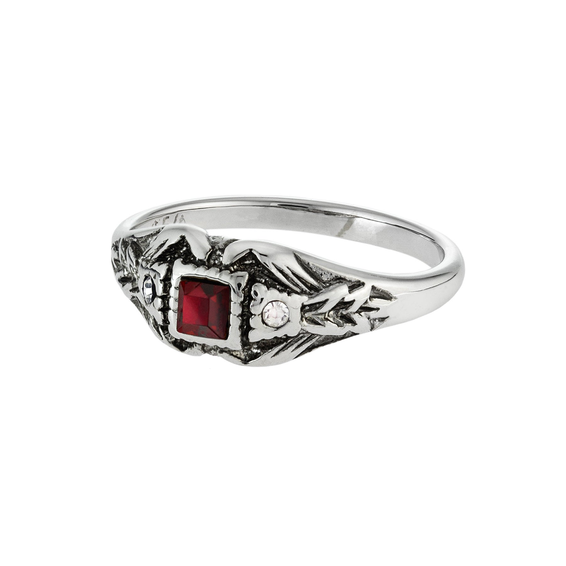 Vintage 1980's Ring Ruby and Clear Austrian Crystal 18k Antique White Gold Electroplated Made in the USA
