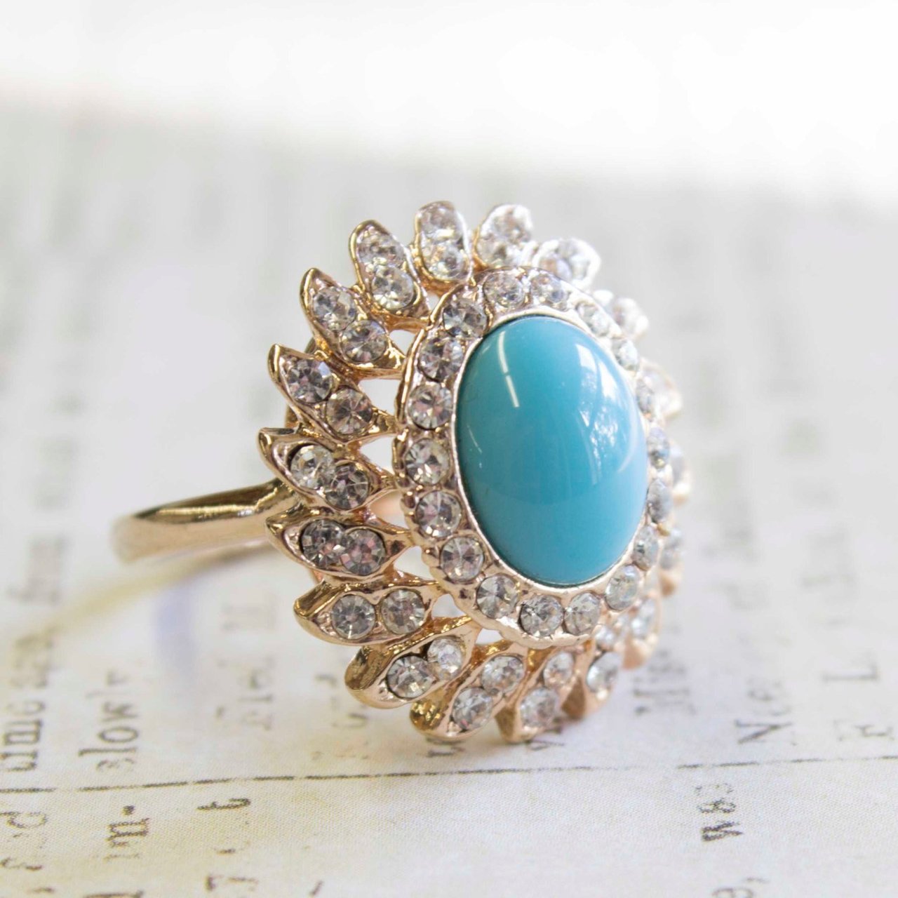 Vintage Turquoise Bead with Clear Austrian Crystals 18k Yellow Gold Electroplated Ring Made in USA