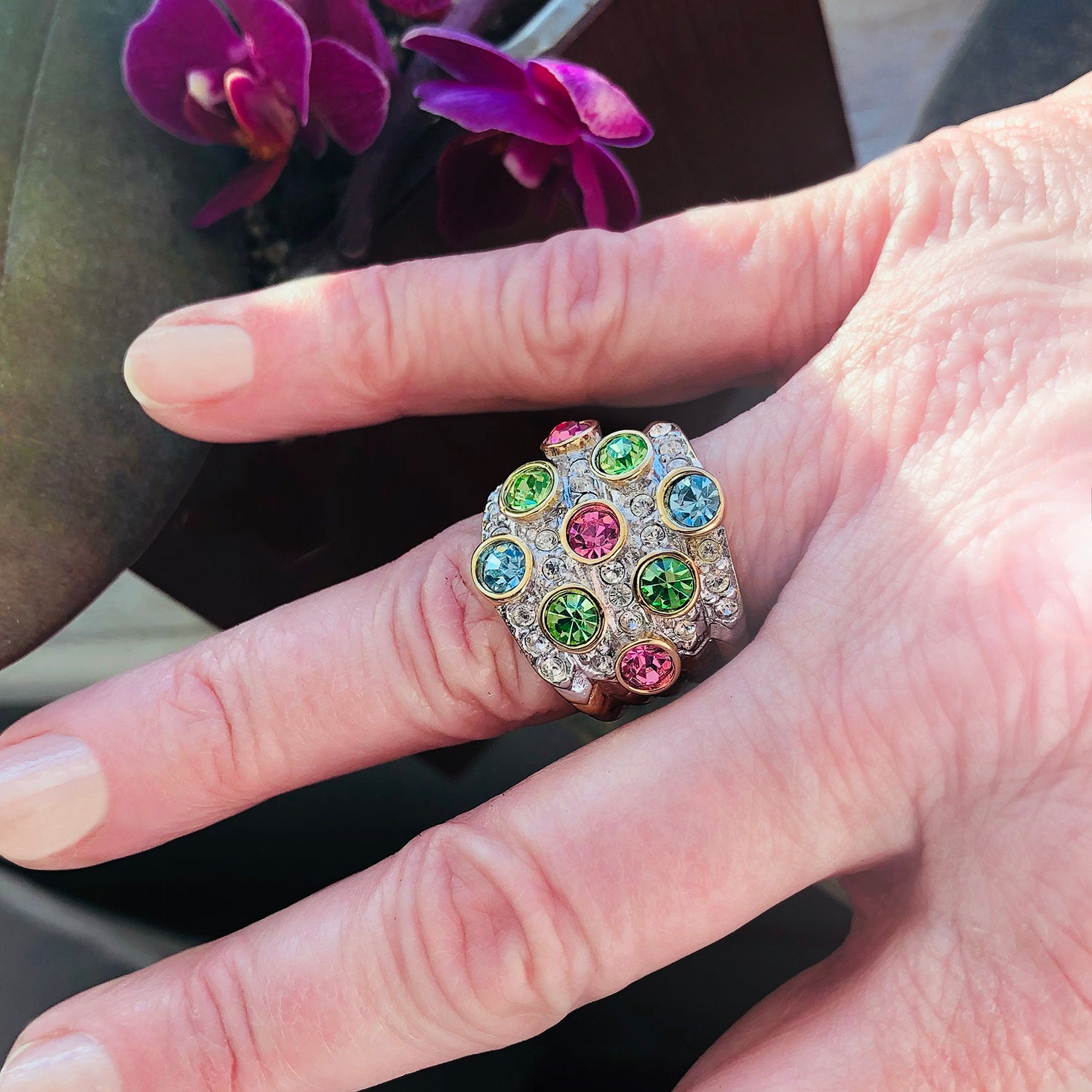 Vintage Pave Pastel Multi Color Crystals and Clear Austrian Crystal Ring 18k Yellow Gold Electroplated Made in USA