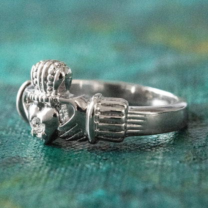 Vintage Jewelry Clear Austrian Crystal Claddagh Ring 18k White Gold Electroplated Made in the USA