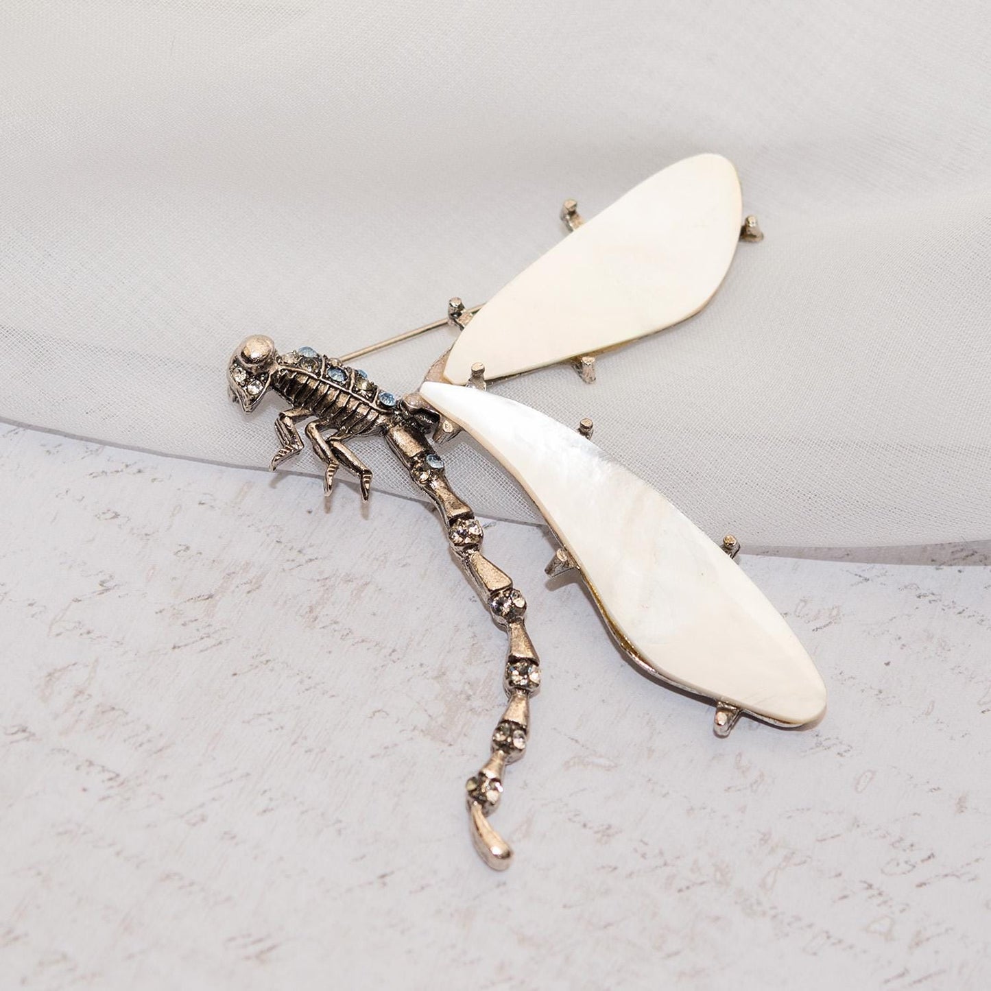 Vintage Oscar de la Renta Mother of Pearl Dragonfly Brooch Antiqued White Gold Pin with Mother of Pearl Wings