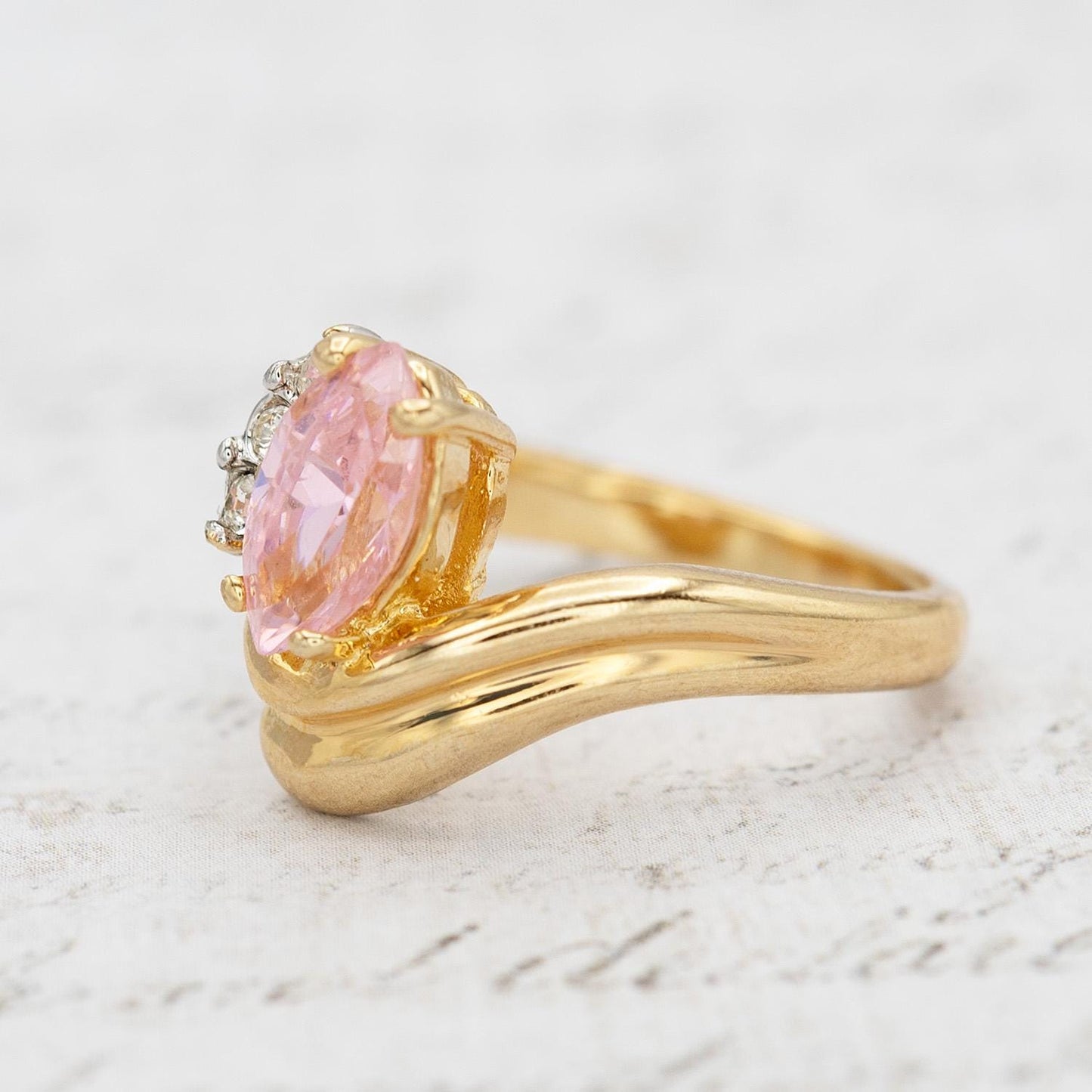 Womens Vintage 18k Gold Electroplated Ring Marquise Pink Tourmaline Cubic Zirconia and Crystal October Birthstone Ring