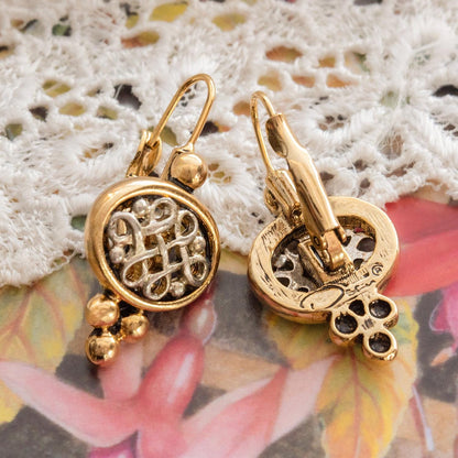 Womens Vintage Oscar De La Renta Dangle Earrings Yellow & White Gold Plated Filigree Lever Backs Women's Jewelry Small Designer Drop Earring