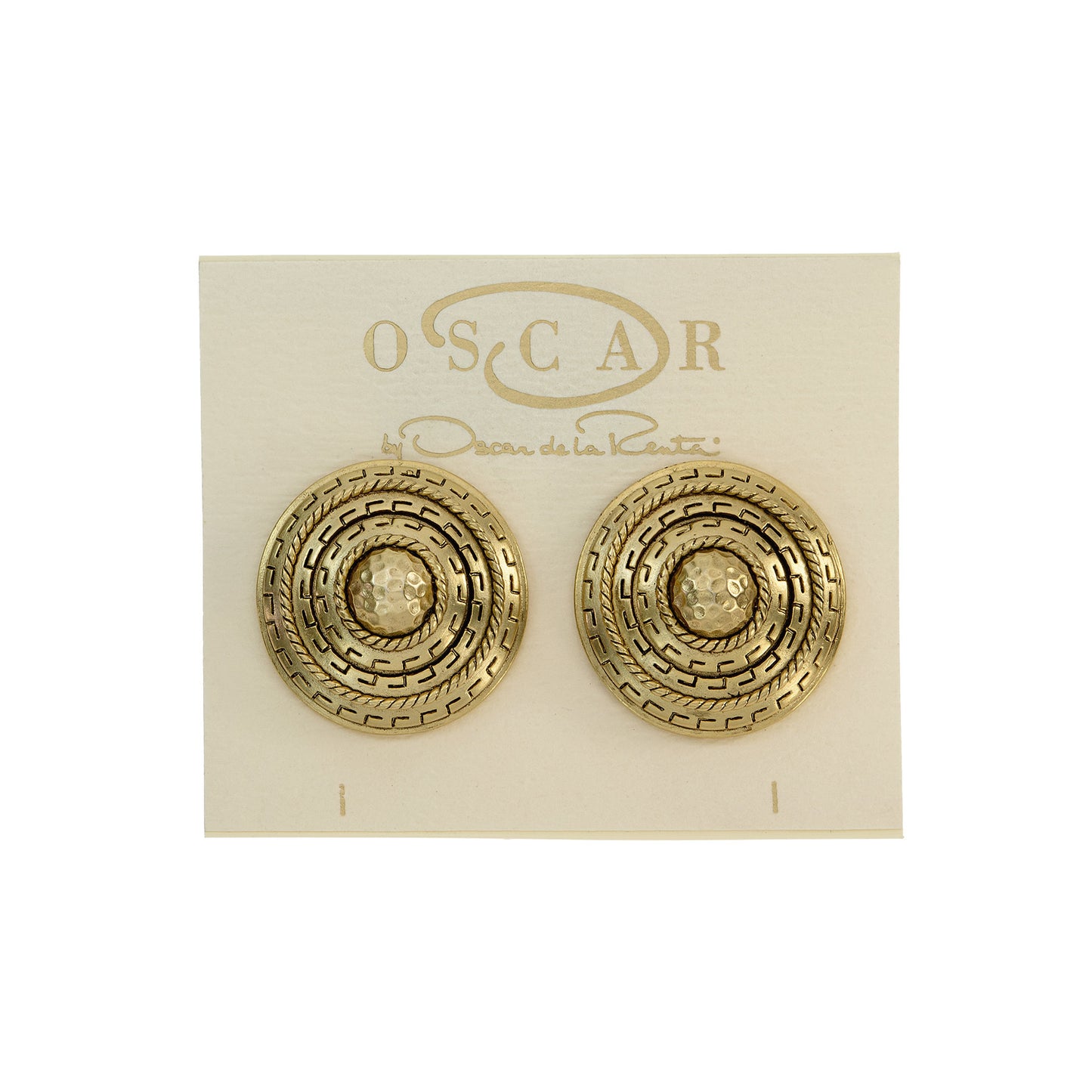 Vintage Oscar de la Renta Clip Earrings Antique Gold Tone Button Design OSE-633-CY