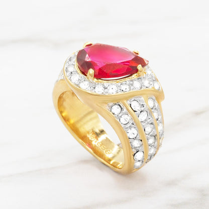 Vintage Ring 1980s Ring Ruby and Clear Austrian Crystals 18k Gold Electroplated Womens Statement Ring