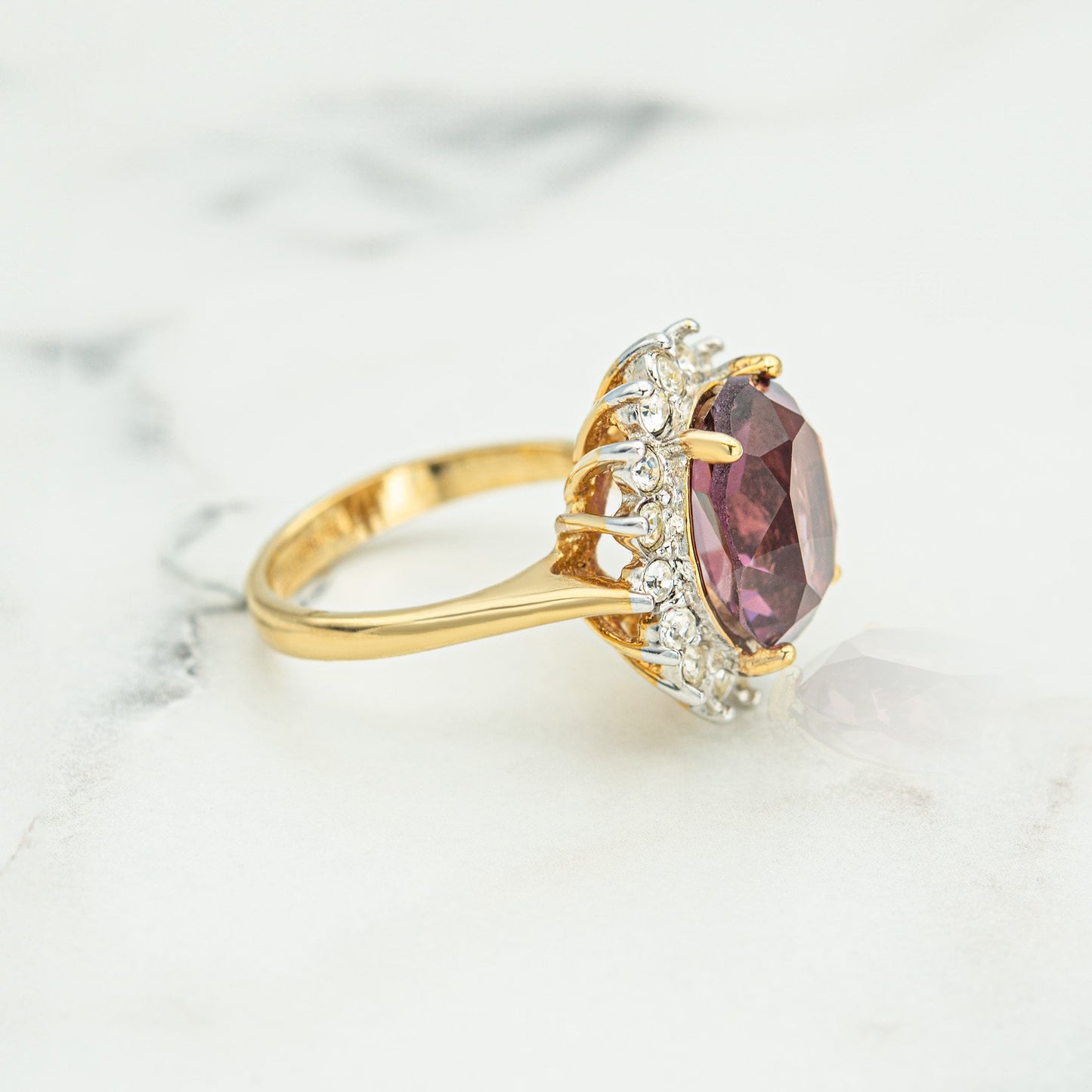 Vintage Ring Amethyst and Clear Austrian Crystal Cocktail Ring 18k Gold #R1222-AY - Never Worn Statement Cocktail Womans Antique Rings